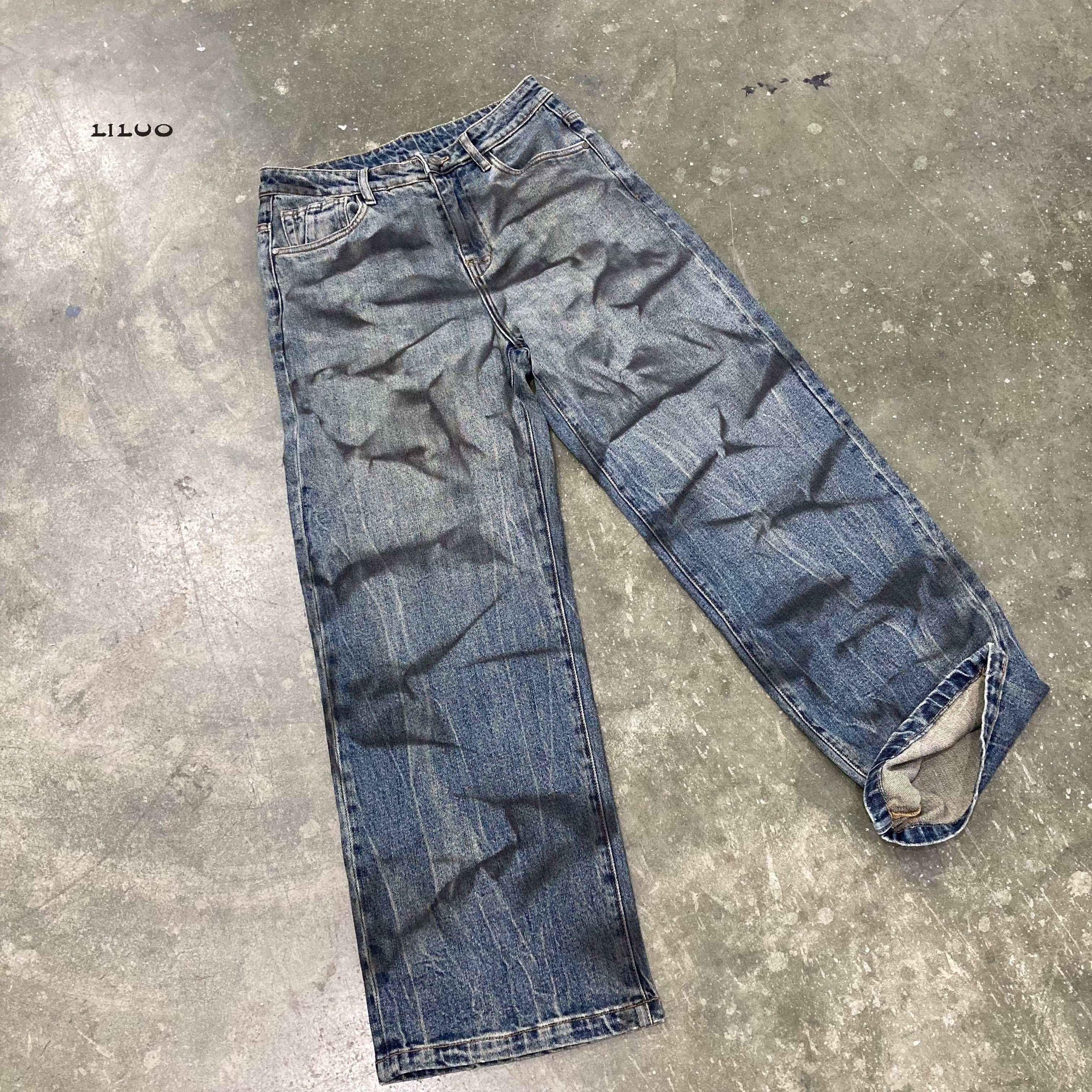 Custom men's jeans Street wear hip hop casual wide leg stone wash loose straight loose cargo blue jeans jeans