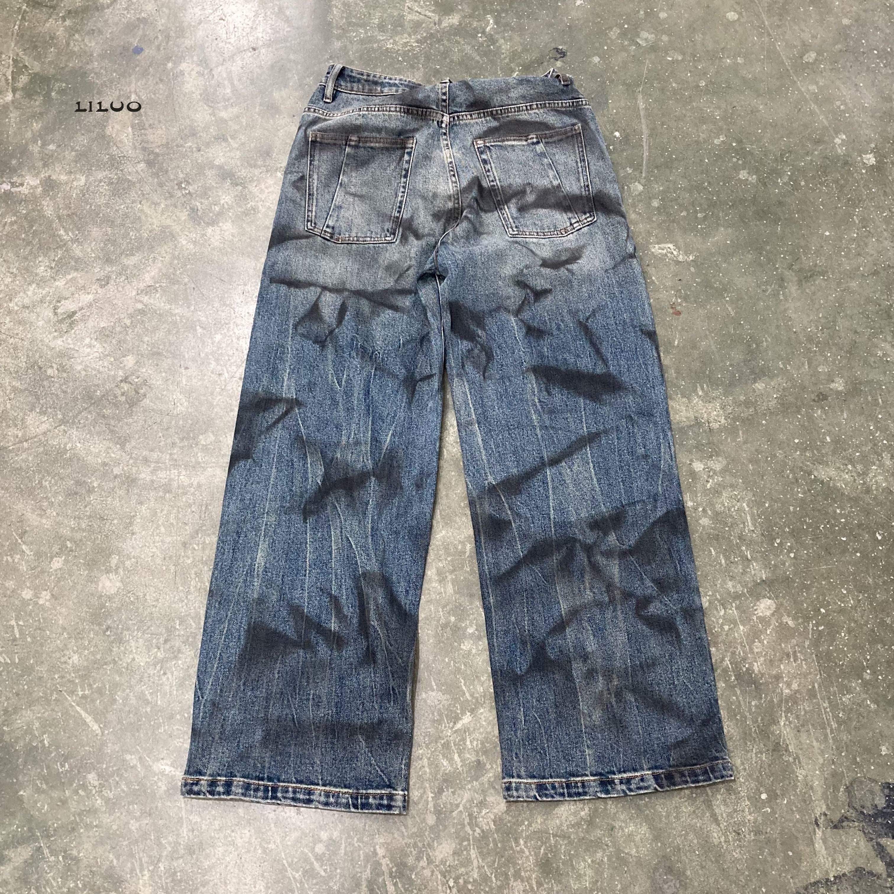 Custom men's jeans Street wear hip hop casual wide leg stone wash loose straight loose cargo blue jeans jeans