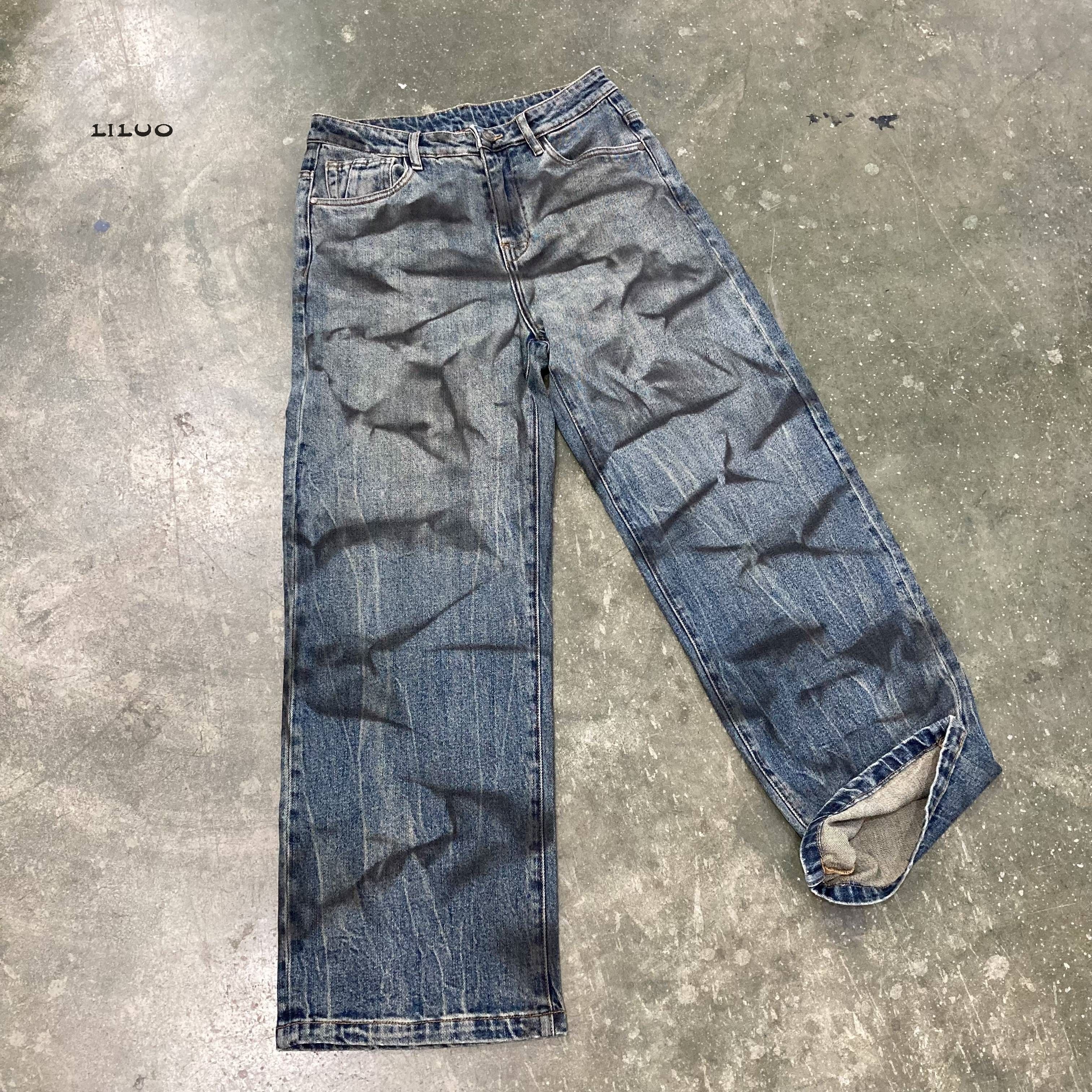 Custom men's jeans Street wear hip hop casual wide leg stone wash loose straight loose cargo blue jeans jeans