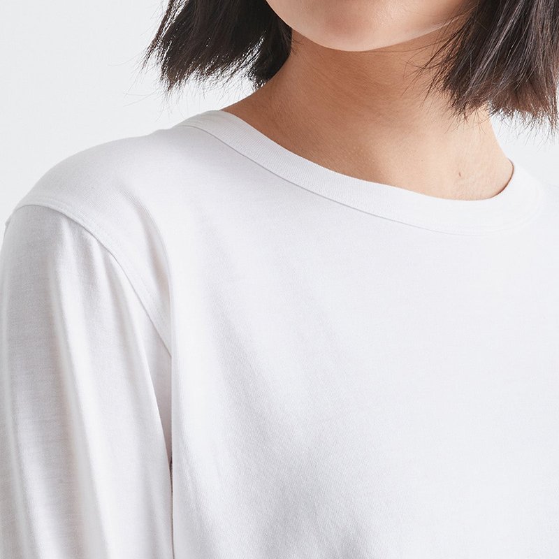 Women relaxed fit bamboo long sleeve cropped top t shirt for women made with organic bamboo and natural cotton fabrics with logo