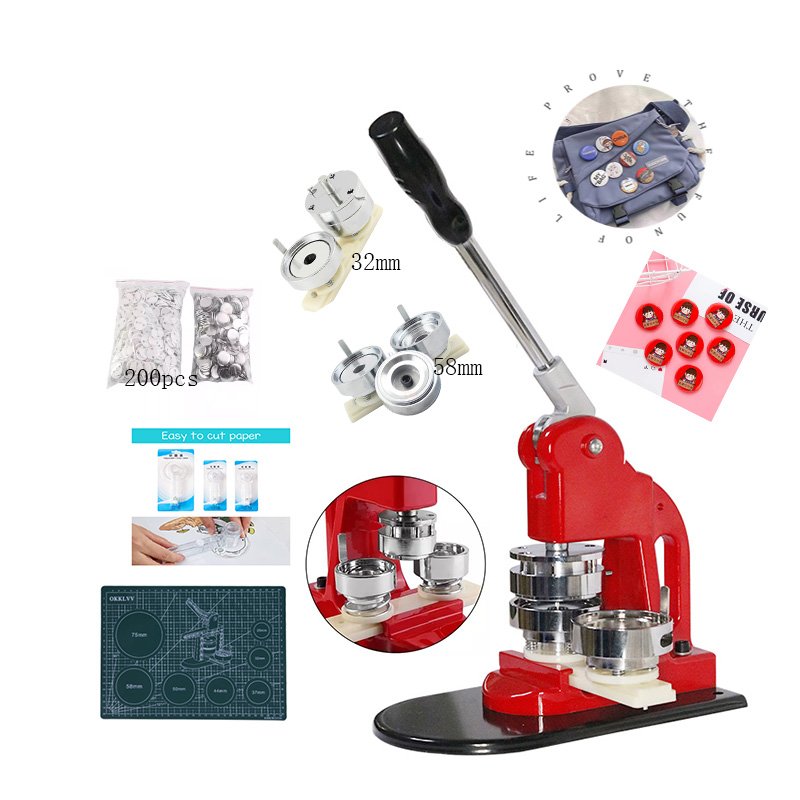 Classic DIY Aluminium Badge Machine + two 32/58mm New Aluminium Moulds+200 pcs Material +One Cutter Board +Two Cutter