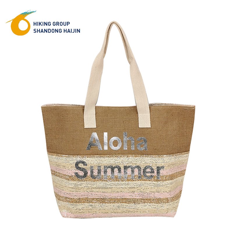 High Quality Factory Sale Printed Natural Jute Burlap Reusable Travel Hand Bags Fabric lining Beach Bag With Logo