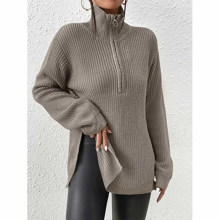 women 1/2 zip up Outwear turtleneck Slouchy Knitted Jumper Casual Solid Color Side Slit spring comfortable