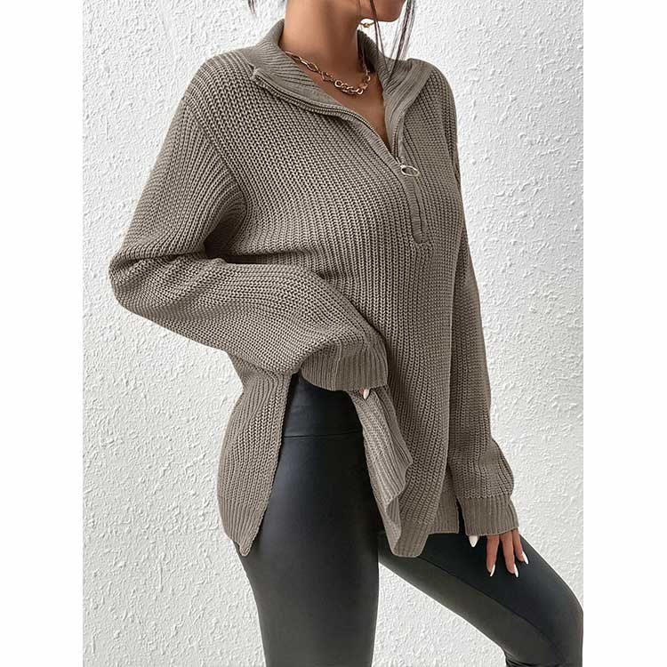 women 1/2 zip up Outwear turtleneck Slouchy Knitted Jumper Casual Solid Color Side Slit spring comfortable
