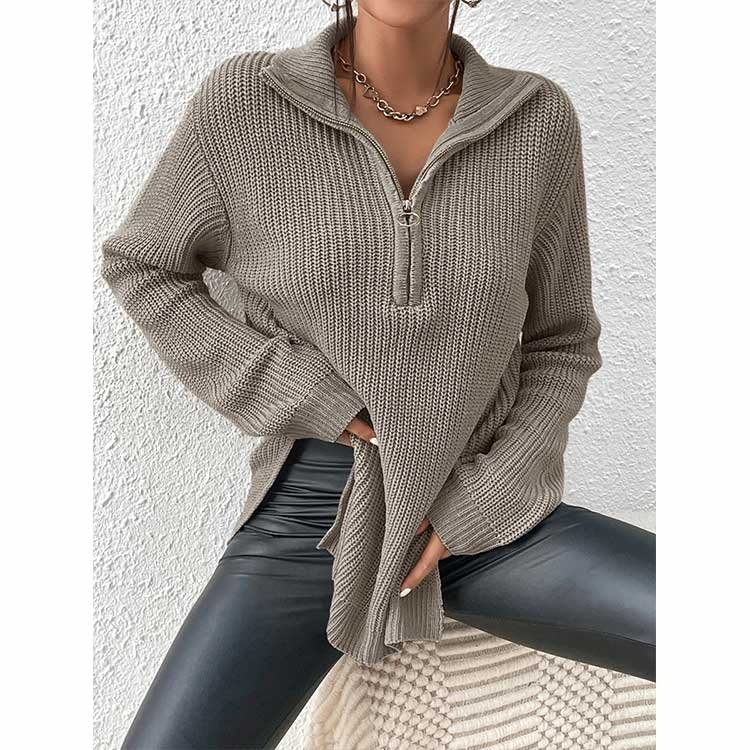 women 1/2 zip up Outwear turtleneck Slouchy Knitted Jumper Casual Solid Color Side Slit spring comfortable