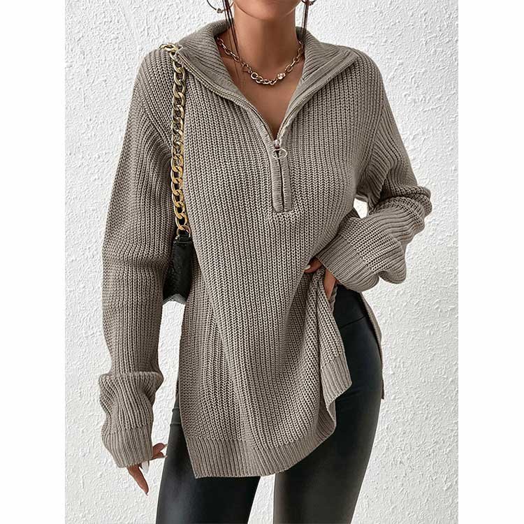 women 1/2 zip up Outwear turtleneck Slouchy Knitted Jumper Casual Solid Color Side Slit spring comfortable