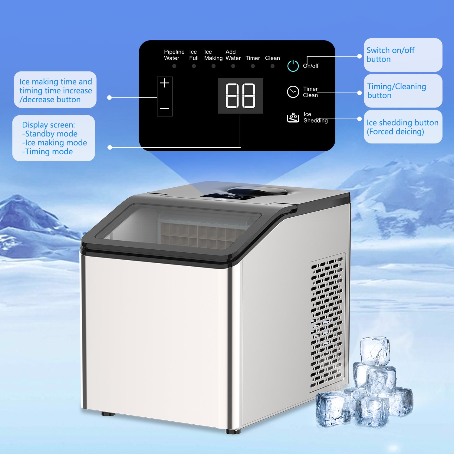 30KG Tabletop Stainless Steel Cube Ice Making Machine 36 pcs Ice Cube Maker Commercial Use for Home Office Party