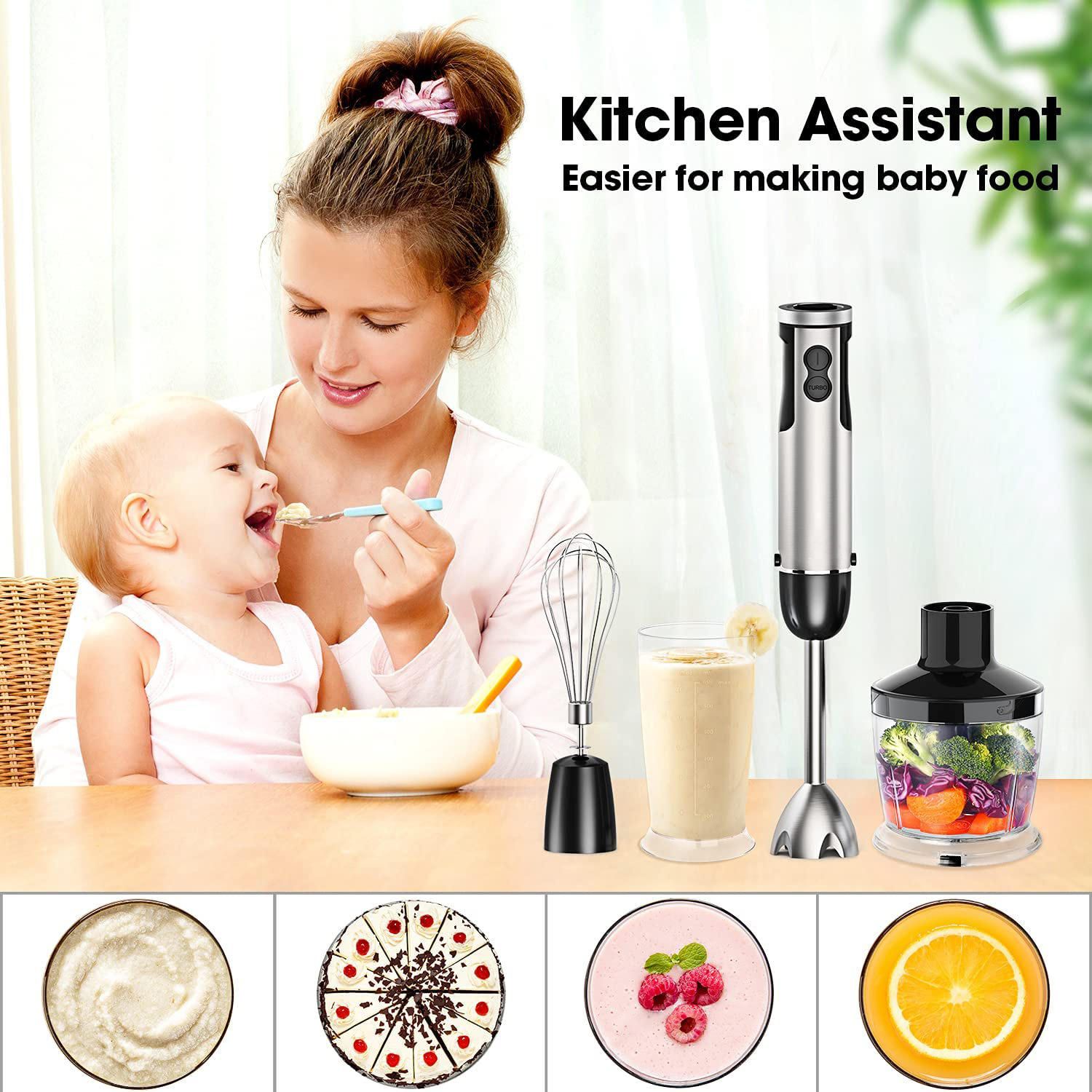 Kitchen appliance 4 in 1 hand blender for making baby food High speed blender set with milk frother egg whisk