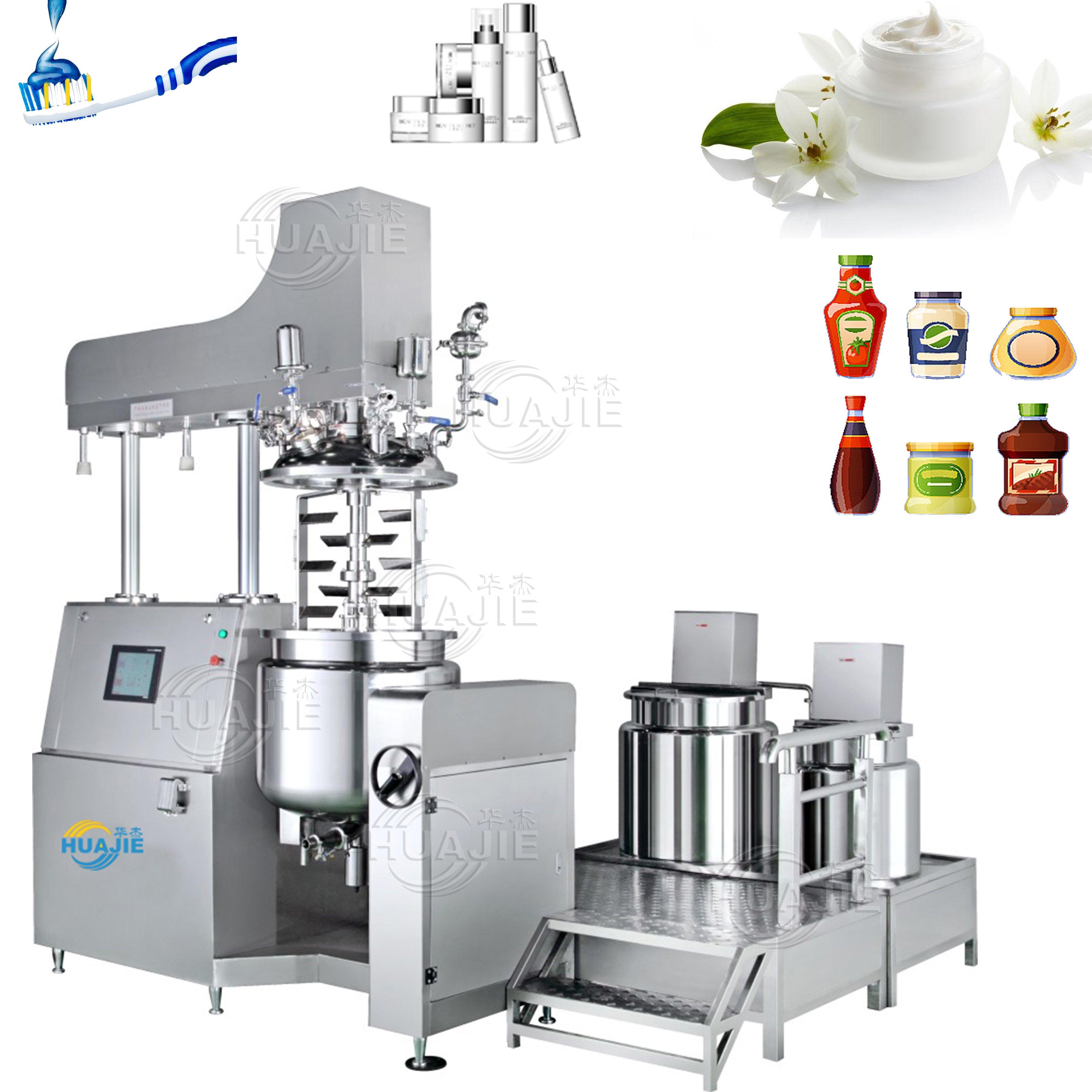HUAJIE CE Certified Buttons/touch Screen Vacuum Emulsifying Mixer for Cake Gel Vacuum Emulsifying high Shear Mixer For Cream