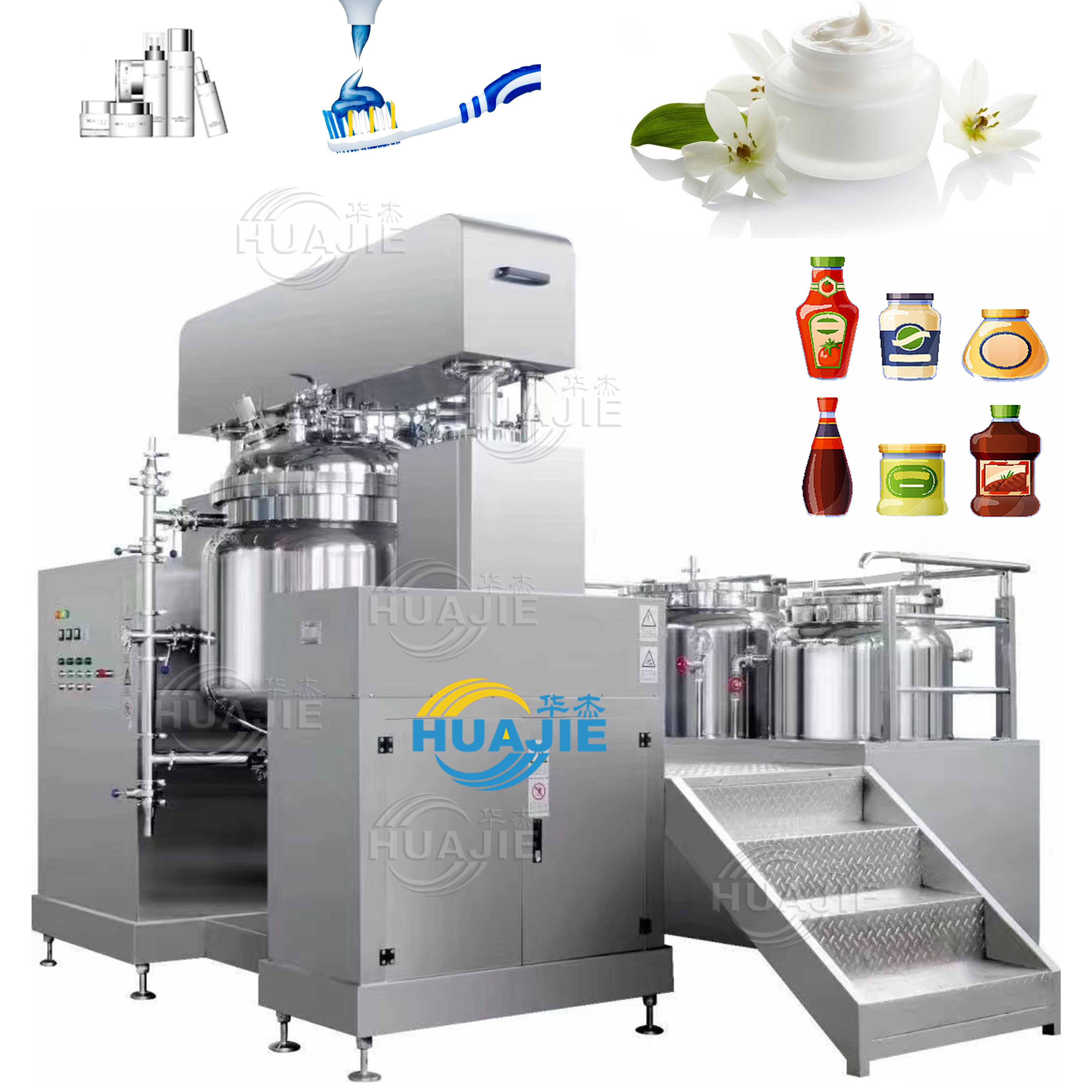 HUAJIE CE Certified Buttons/touch Screen Vacuum Emulsifying Mixer for Cake Gel Vacuum Emulsifying high Shear Mixer For Cream