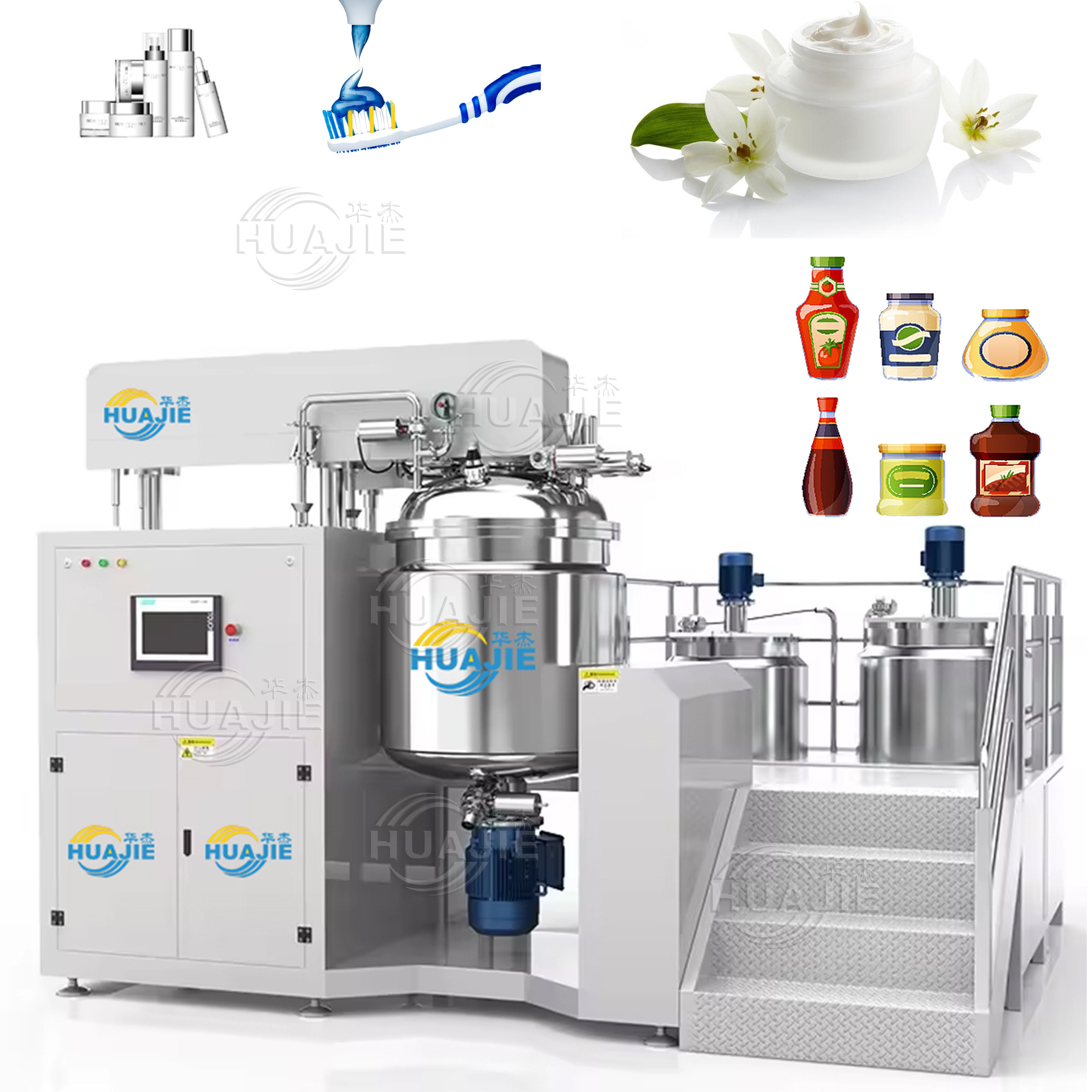 HUAJIE CE Certified Buttons/touch Screen Vacuum Emulsifying Mixer for Cake Gel Vacuum Emulsifying high Shear Mixer For Cream