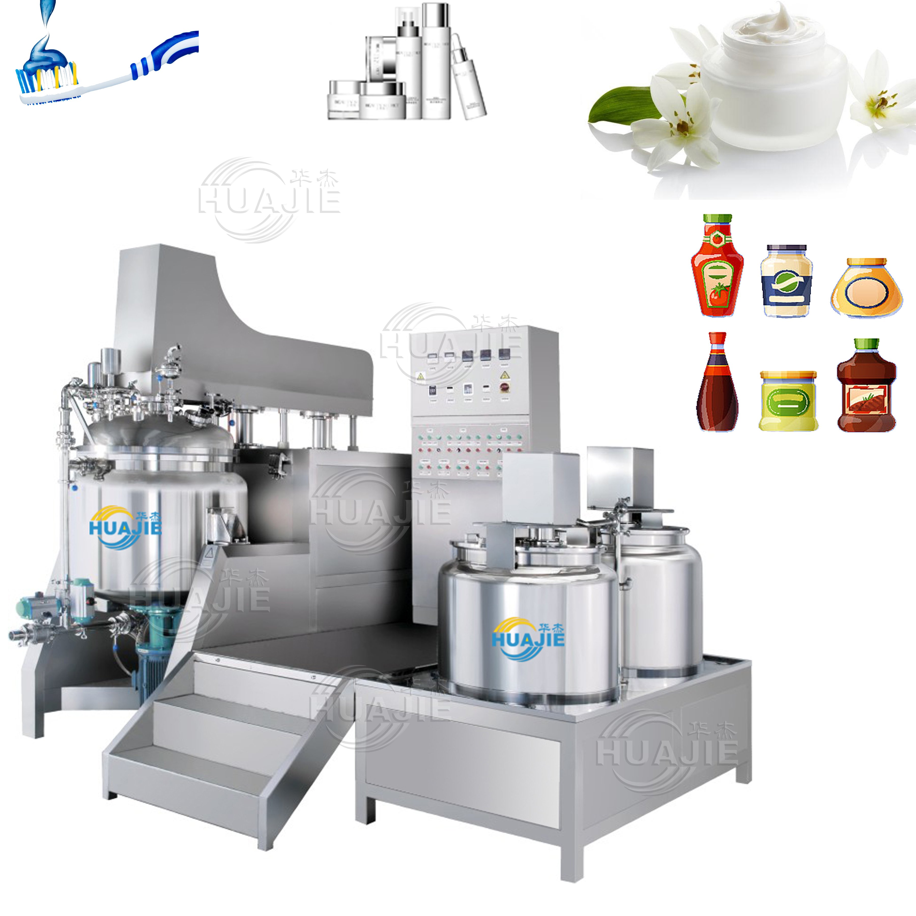 HUAJIE CE Certified Buttons/touch Screen Vacuum Emulsifying Mixer for Cake Gel Vacuum Emulsifying high Shear Mixer For Cream