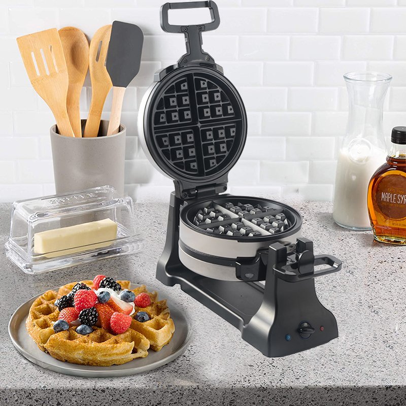 1"Thick Make 2 separate Belgian Rotary Waffle Machine Rapid Button 3 Audio Beep Signal Commercial Rotating Waffle Maker