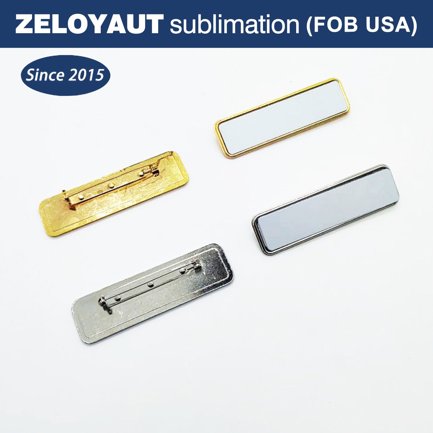 ZELOYAUT USA warehouse available Premium Rectangle Zinc Alloy metal blank sublimation lapel Pin Sliver and Golden pins badge