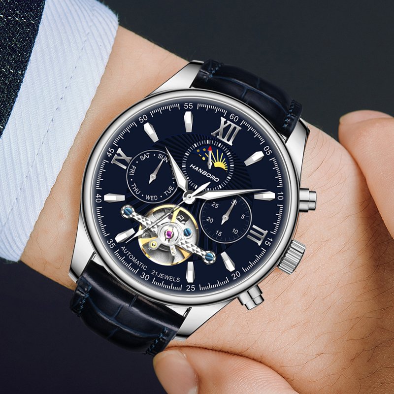Business Flywheel Dual Calendar Waterproof Men's fully automatic Mechanical watch Fashion Hollow watch