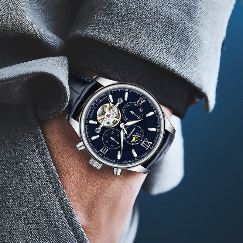 Business Flywheel Dual Calendar Waterproof Men's fully automatic Mechanical watch Fashion Hollow watch