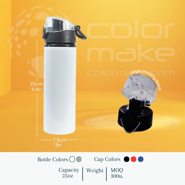 750mL White Aluminum Bottle with Black Push Open Cap Button Release - Sublimation heat transfer