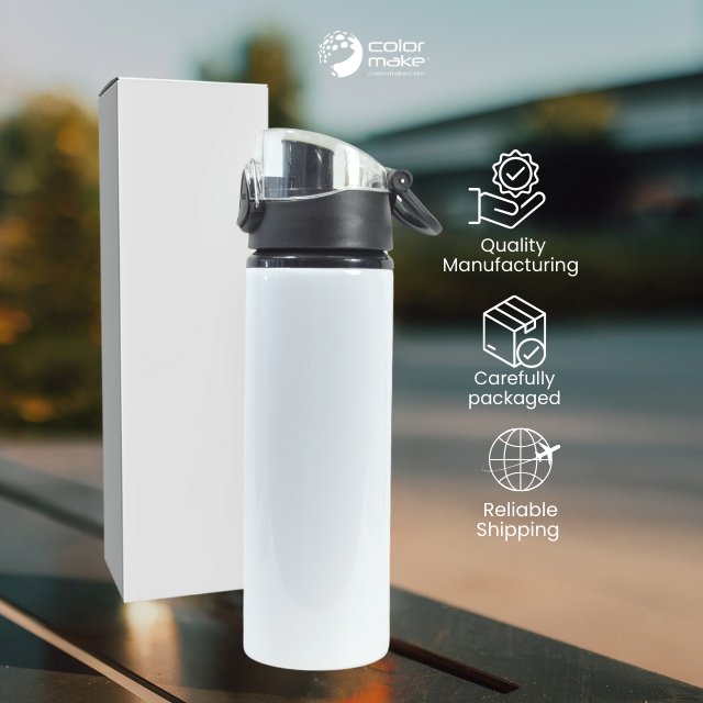 750mL White Aluminum Bottle with Black Push Open Cap Button Release - Sublimation heat transfer