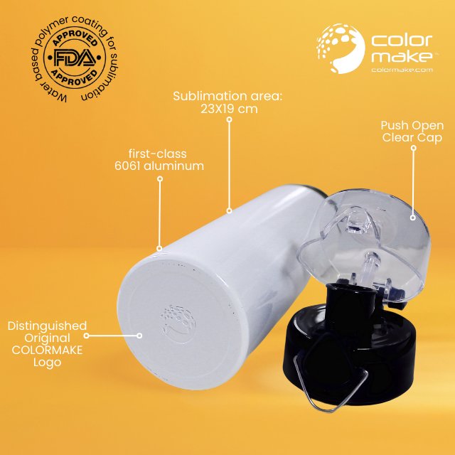 750mL White Aluminum Bottle with Black Push Open Cap Button Release - Sublimation heat transfer