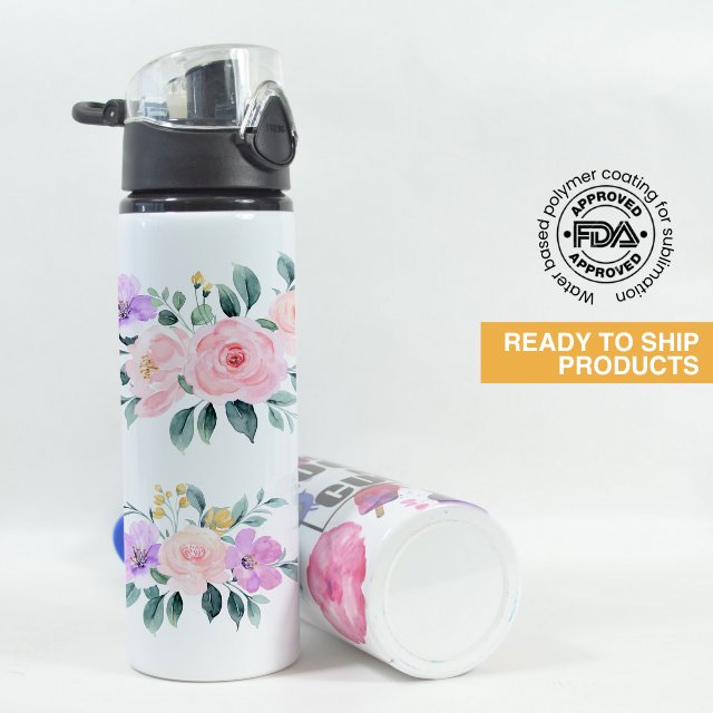 750mL White Aluminum Bottle with Black Push Open Cap Button Release - Sublimation heat transfer