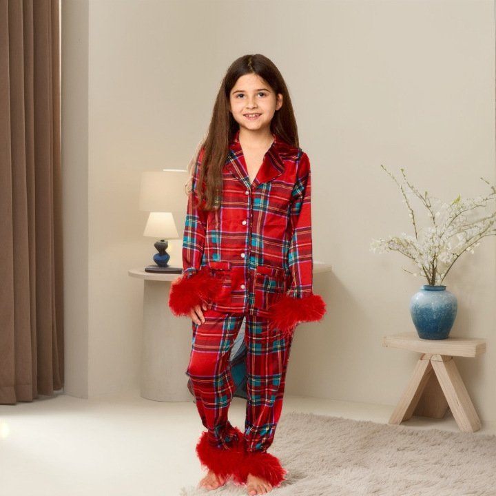 Hot sale Parent-Child Long Sleeve Christmas Pajamas Button Sleepwear Pjs Set Two Piece Loungewear Feather Trim Women Pajamas