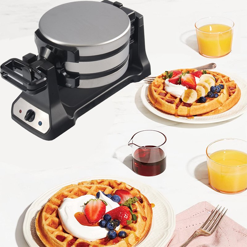 Stainless Steel Make 2 Separate Belgian Rotary Waffle Machine Rapid Button 3 Audio Beep Signal 1"Thick Rotating Waffle Maker