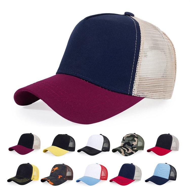 Custom Unisex Cotton Soft Mesh Running Baseball Cap 6 Panel Trucker Ball Hat With Leather Patches Logo