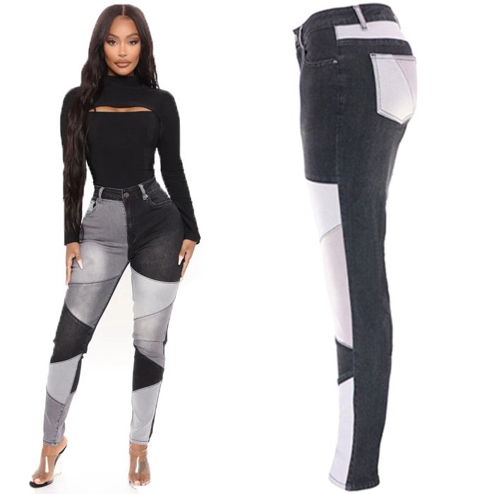 Women's Jeans Slim Deconstruct Panelled Patchwork High Waist Split Blue Long Denim Pants Autumn 2023 New