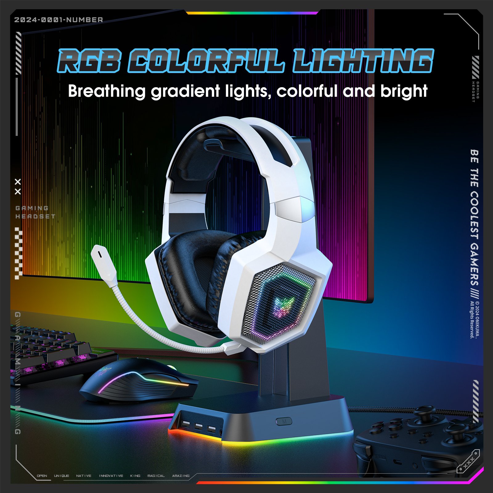 ONIKUMA GT806 HIFI Earphones BT V5.4 Wired Headphones Multi-Mode 2.4GHz RGB Noise-Cancelling Usb Headset With Microphone