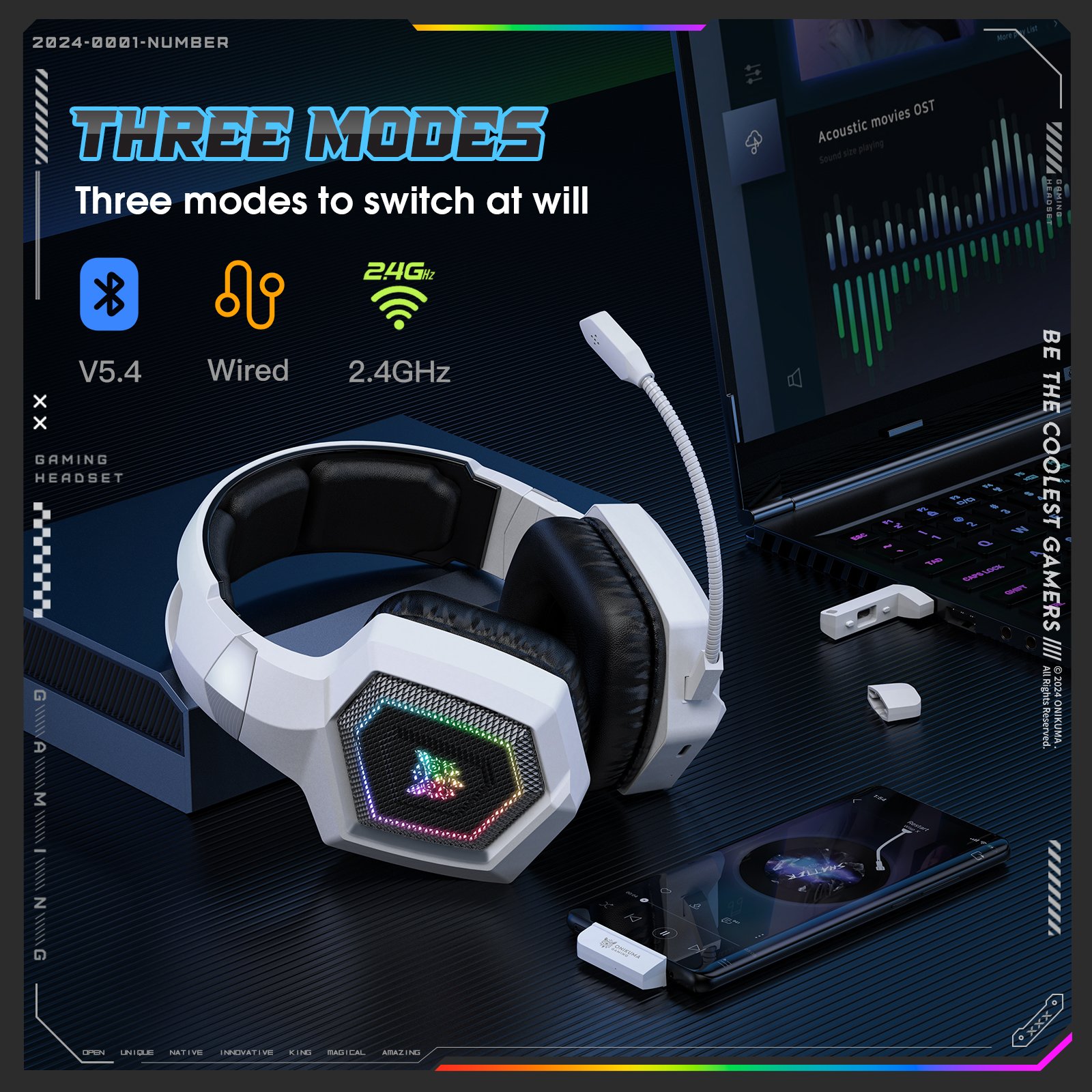 ONIKUMA GT806 HIFI Earphones BT V5.4 Wired Headphones Multi-Mode 2.4GHz RGB Noise-Cancelling Usb Headset With Microphone