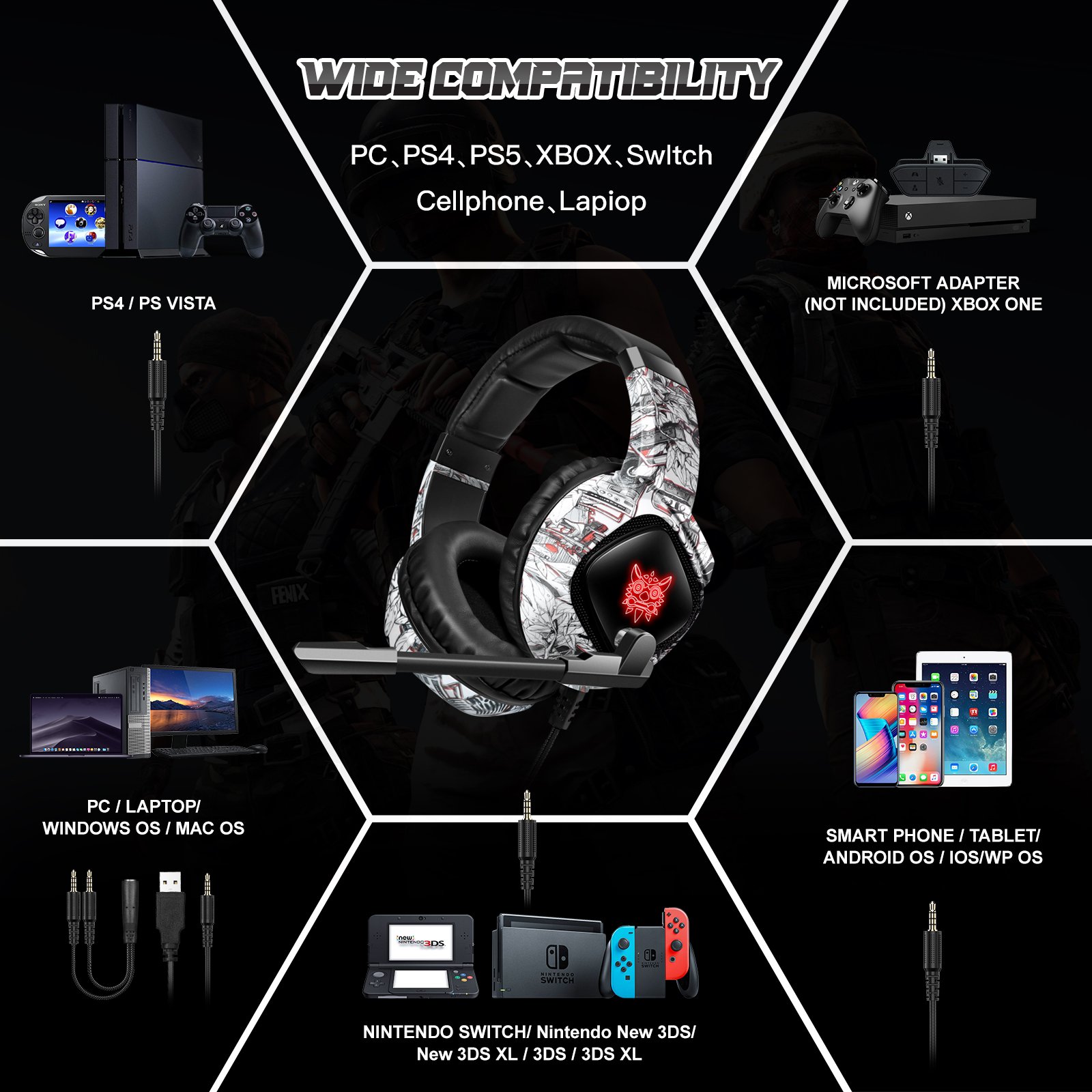 ONIKUMA K19 Headset 3.5mm Over-Ear Stereo Wired Game Headphones Soft Head Pad Adjustable Headband Gaming Headset with HD Mic