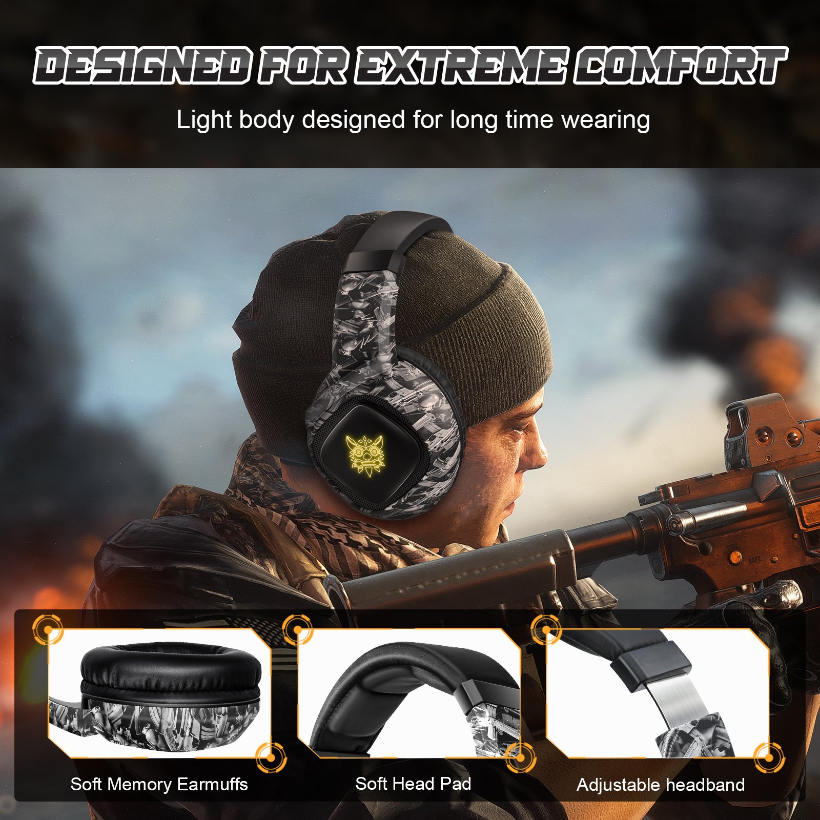 ONIKUMA K19 Headset 3.5mm Over-Ear Stereo Wired Game Headphones Soft Head Pad Adjustable Headband Gaming Headset with HD Mic