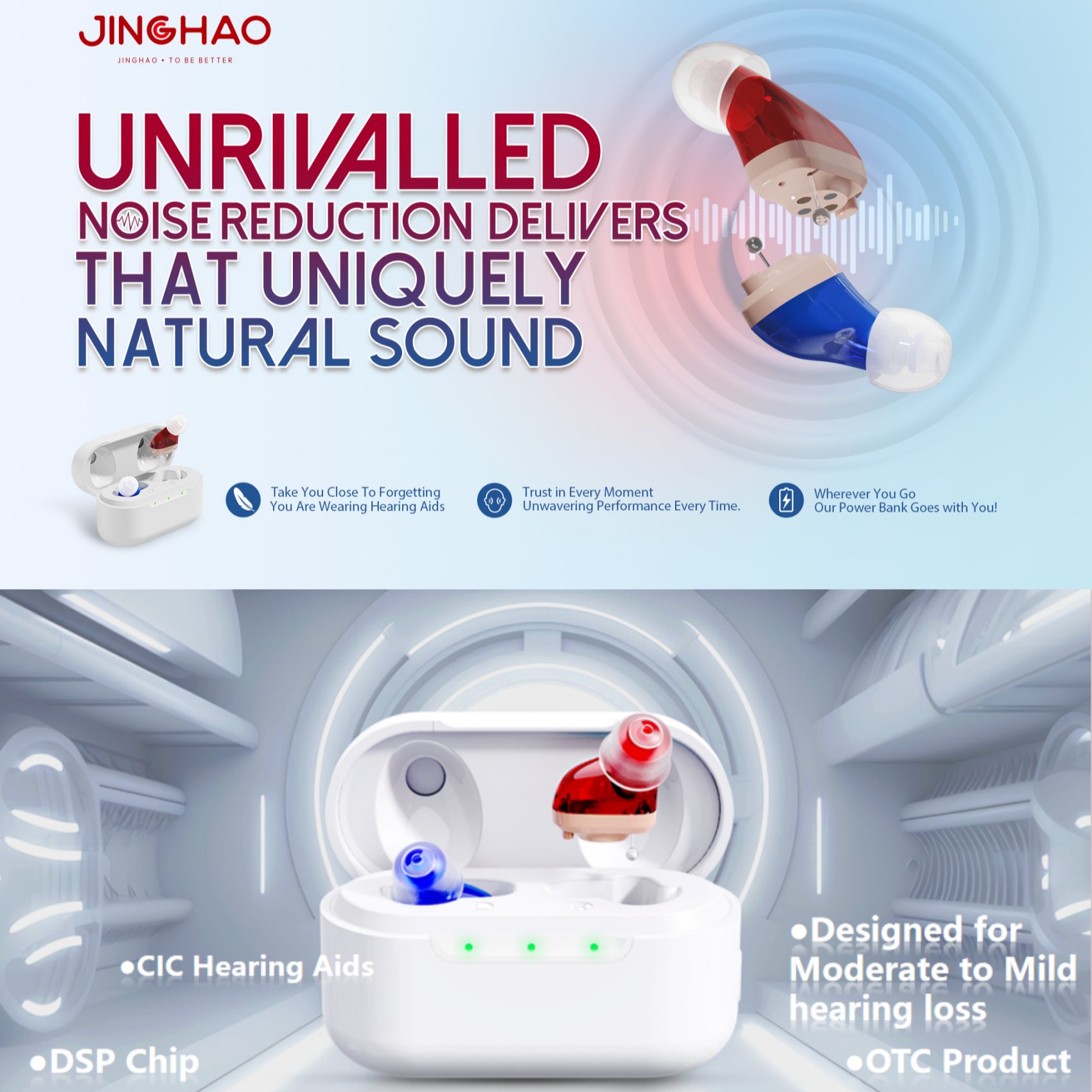 JINGHAO A17 Hot Selling Mini CIC OTC Digital Rechargeable Hearing Aids For Seniors and Deafness