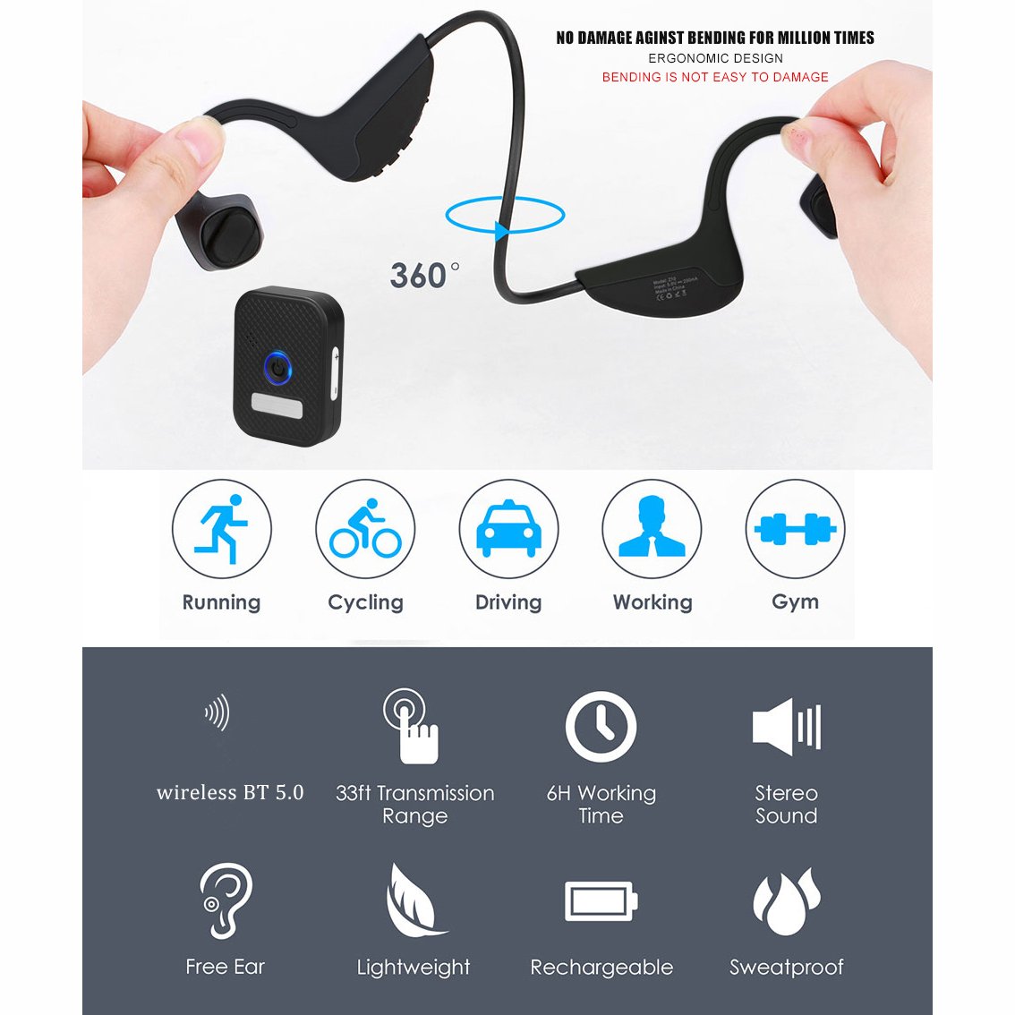 Bone conduction headphone wireless open ear sport headsets hearing impaired earphone for sports gym driving