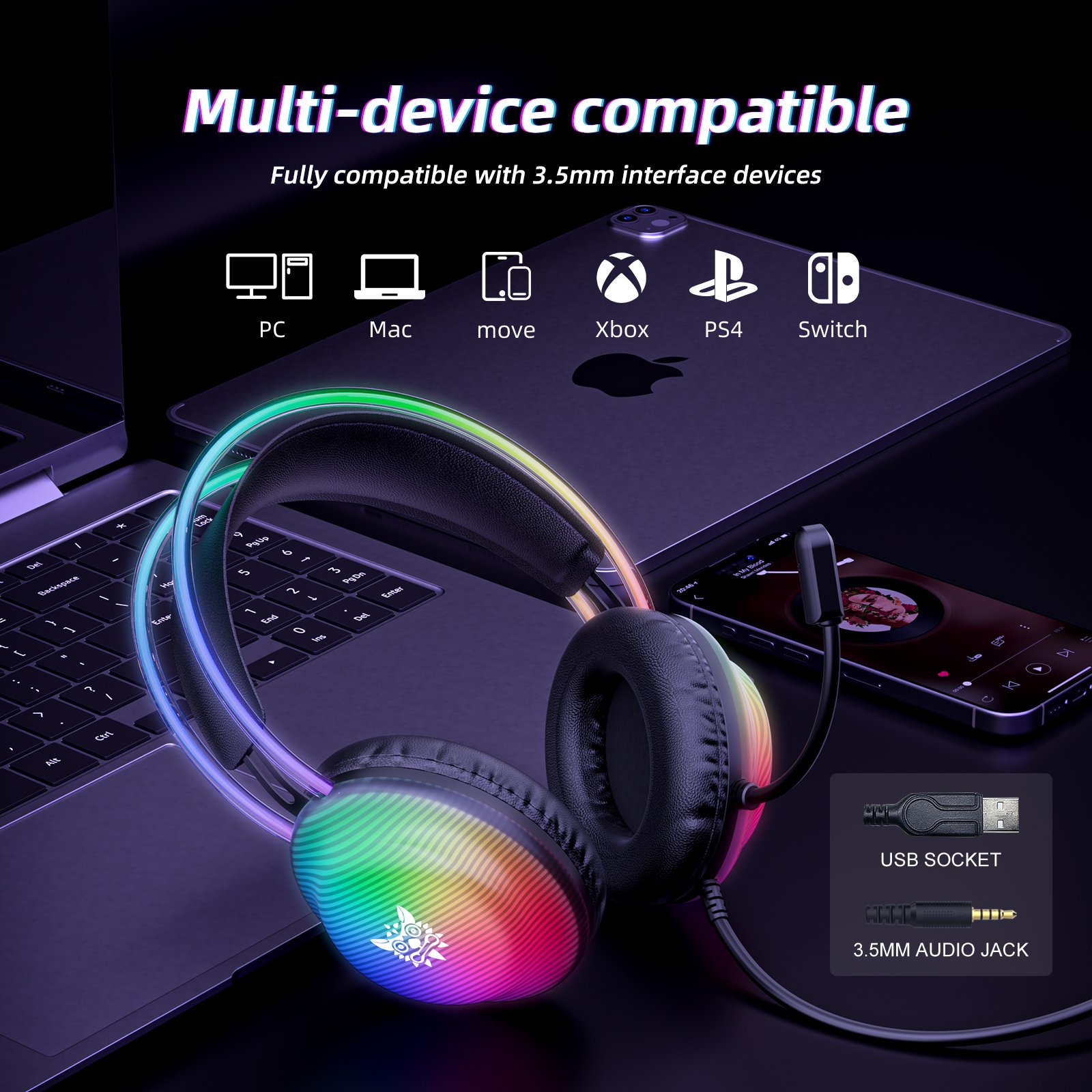 ONIKUMA X29 Wired Music USB Headset High-Fidelity Adjustable Headband RGB 3.5Mm Over-Ear Headphones Surround Sound With MIC