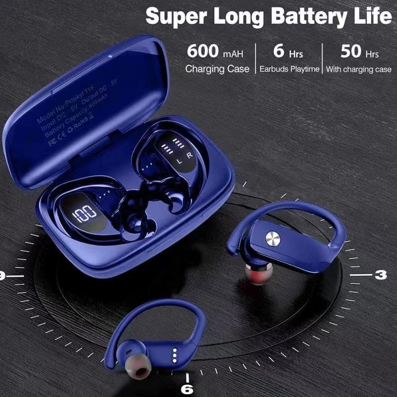 T16 TWS LED Display sport climb Ear hook audifonos blue tooth Wireless in-ear noise cancelling earbuds with earhook earphone