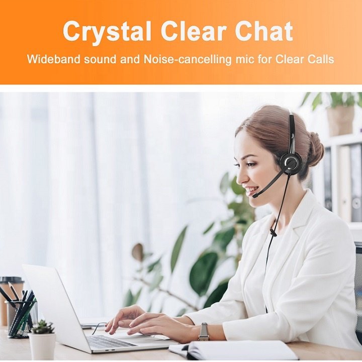 Call Center Phone Headset with Microphone Noise Cancelling QD to RJ9, 3.5mm, USB