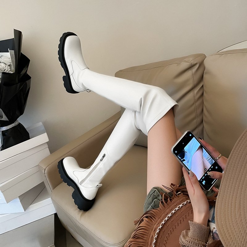 Thick soled elastic knee high winter square toe long boots for women black sexy shoes