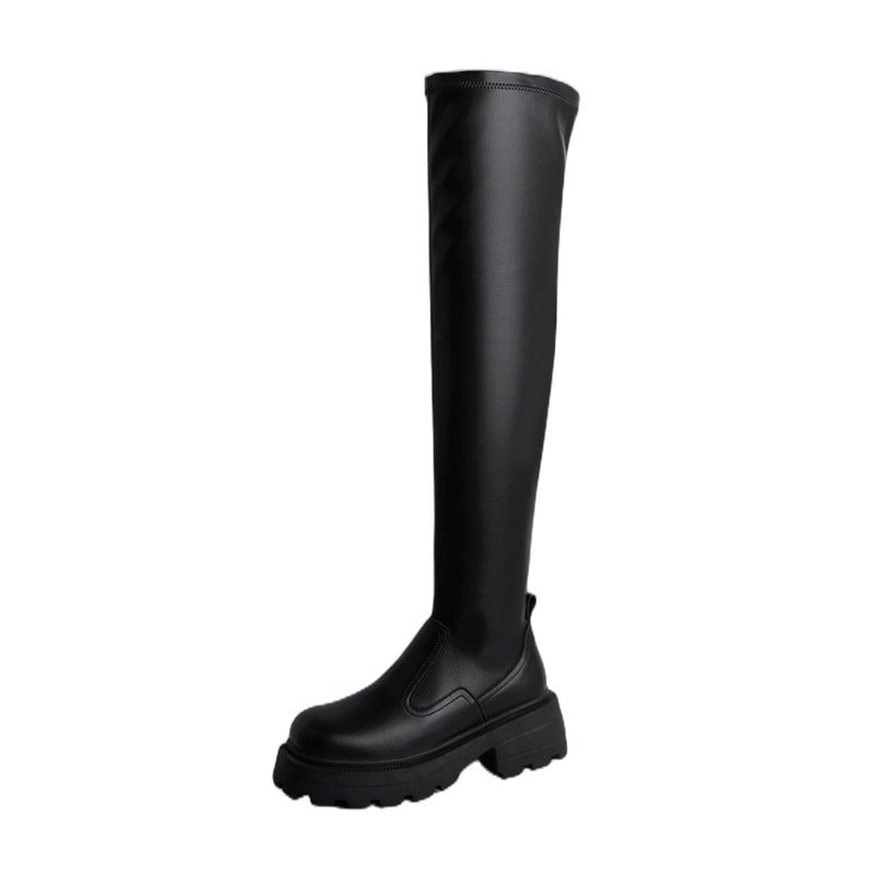 Thick soled elastic knee high winter square toe long boots for women black sexy shoes