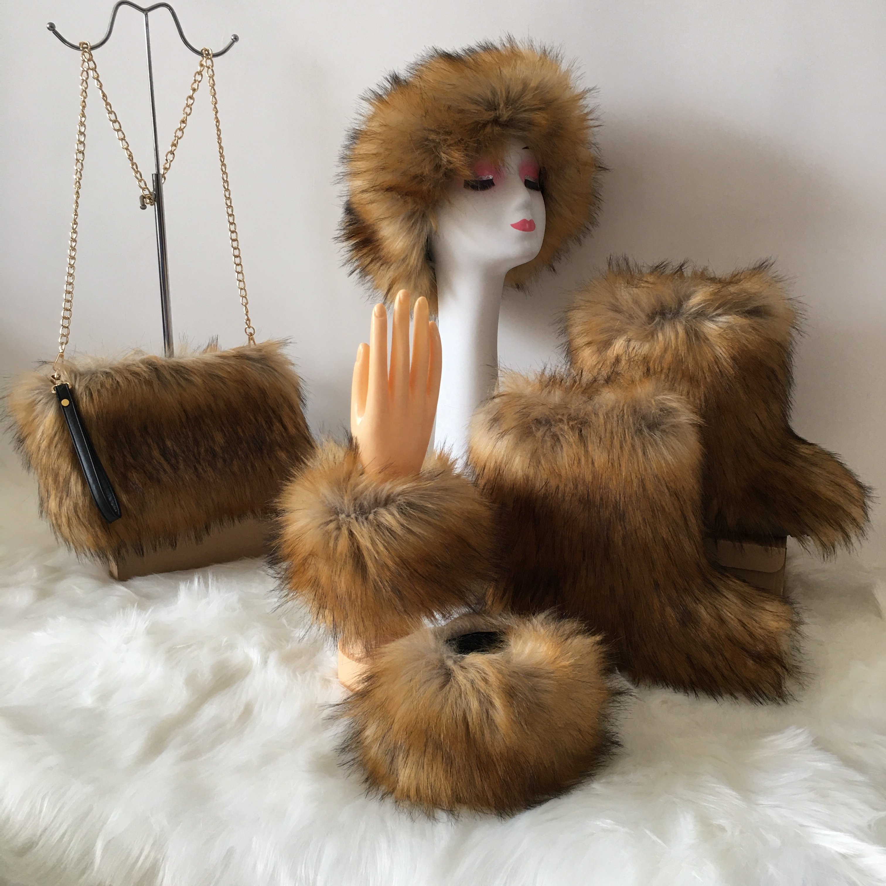 Boots Fur Boot Fur Furry Boots Winter Shoes Women Snow With Bag Headband keep warm