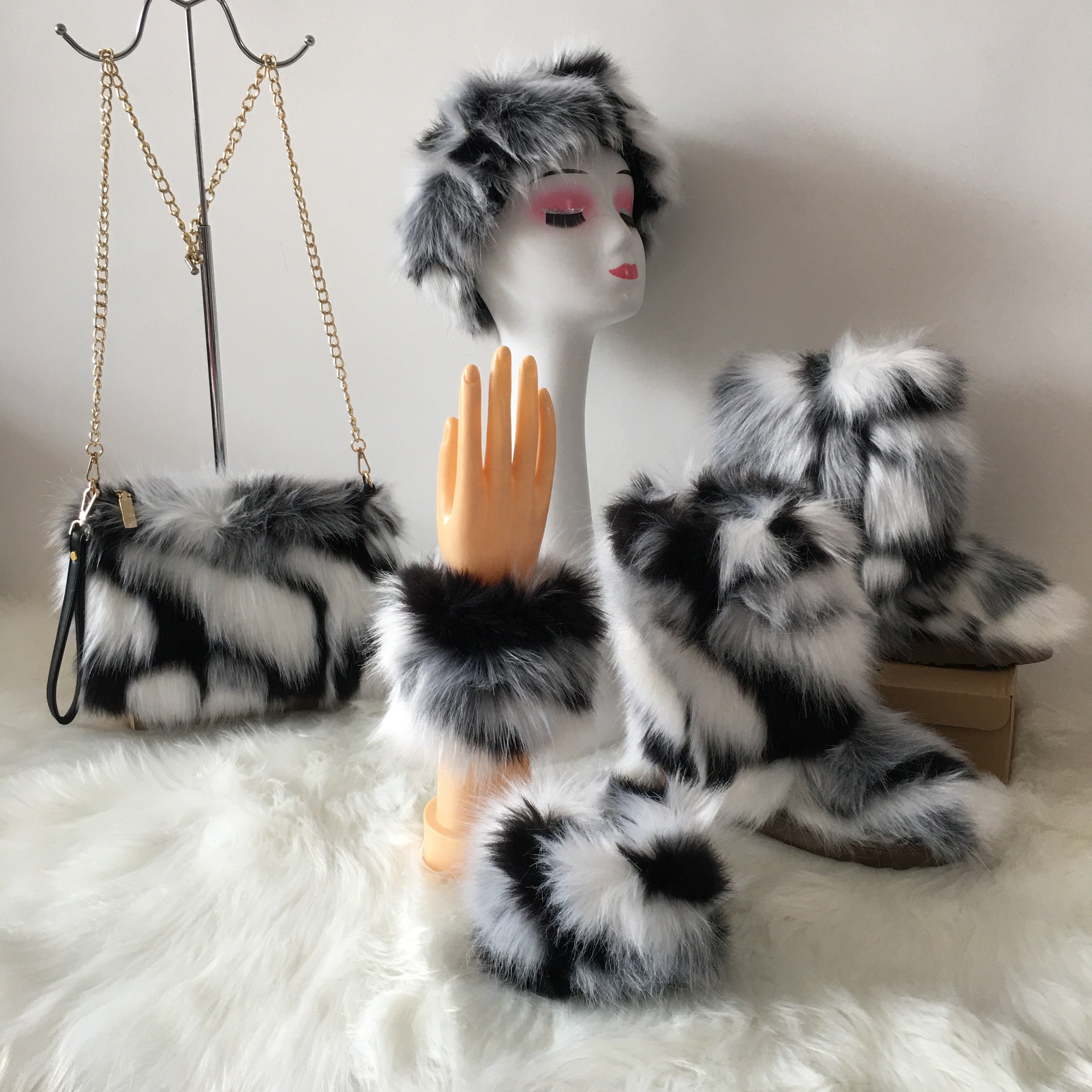 Boots Fur Boot Fur Furry Boots Winter Shoes Women Snow With Bag Headband keep warm