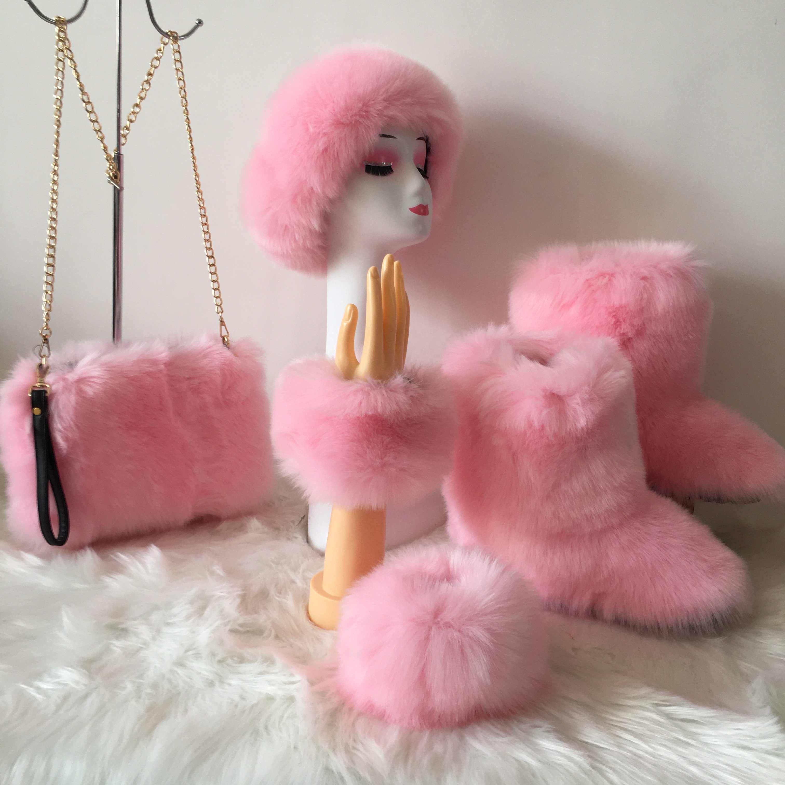 Boots Fur Boot Fur Furry Boots Winter Shoes Women Snow With Bag Headband keep warm