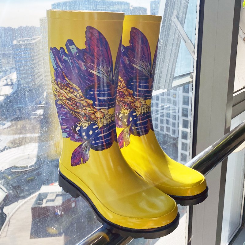 Copyright pattern waterproof knee high rubber gumboots womens custom print wellington rain boot