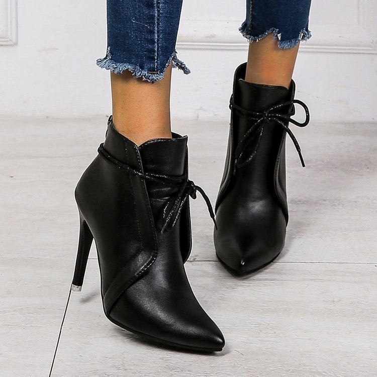 2024 New Winter black Stiletto boot leather Pointed Toe Ladies Boots High Heels lace-up Middle cylinder Booties for Women