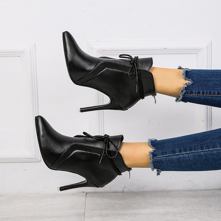 2024 New Winter black Stiletto boot leather Pointed Toe Ladies Boots High Heels lace-up Middle cylinder Booties for Women