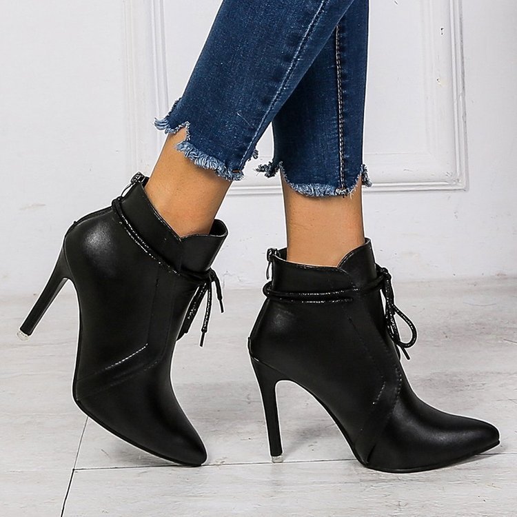 2024 New Winter black Stiletto boot leather Pointed Toe Ladies Boots High Heels lace-up Middle cylinder Booties for Women