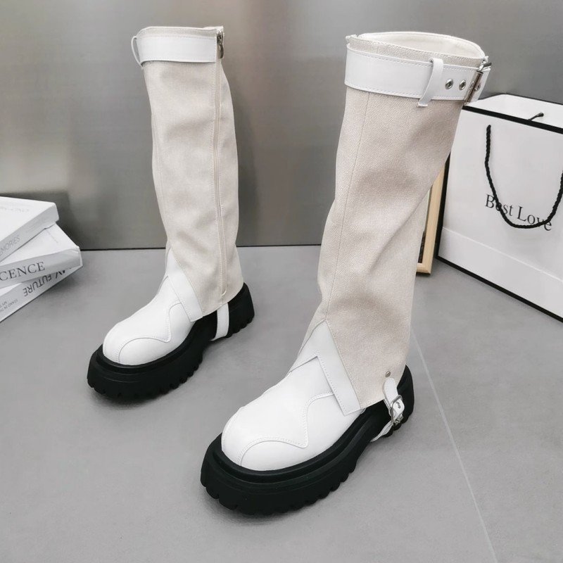 Dropshipping Custom Logo Denim Boots Women Shoes Genuine Leather Mid-Calf Platform Boots for Ladies