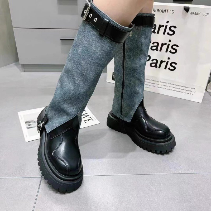 Dropshipping Custom Logo Denim Boots Women Shoes Genuine Leather Mid-Calf Platform Boots for Ladies