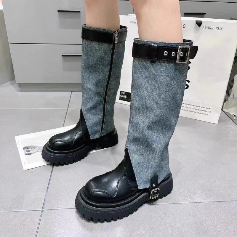 Dropshipping Custom Logo Denim Boots Women Shoes Genuine Leather Mid-Calf Platform Boots for Ladies