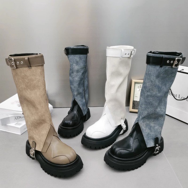Dropshipping Custom Logo Denim Boots Women Shoes Genuine Leather Mid-Calf Platform Boots for Ladies